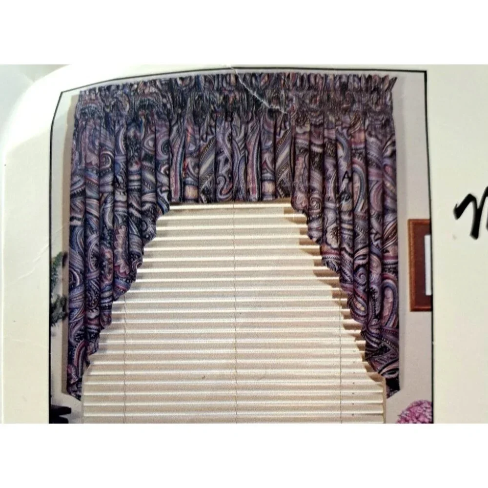 Vintage Jabot Curtains Angled Triangle Blue Pink Paisley Cottage 2 PC 128x36